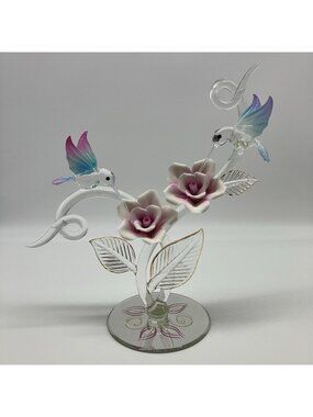 Glass Baron Hummingbirds Rose Garden Glass Sculpture with 22kt Gold Accents